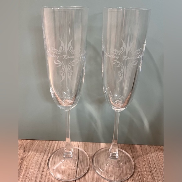 Harley-Davidson Other - 2 Harley Davidson Champagne Flutes Etched Glass Lead Crystal  Wedding Gift